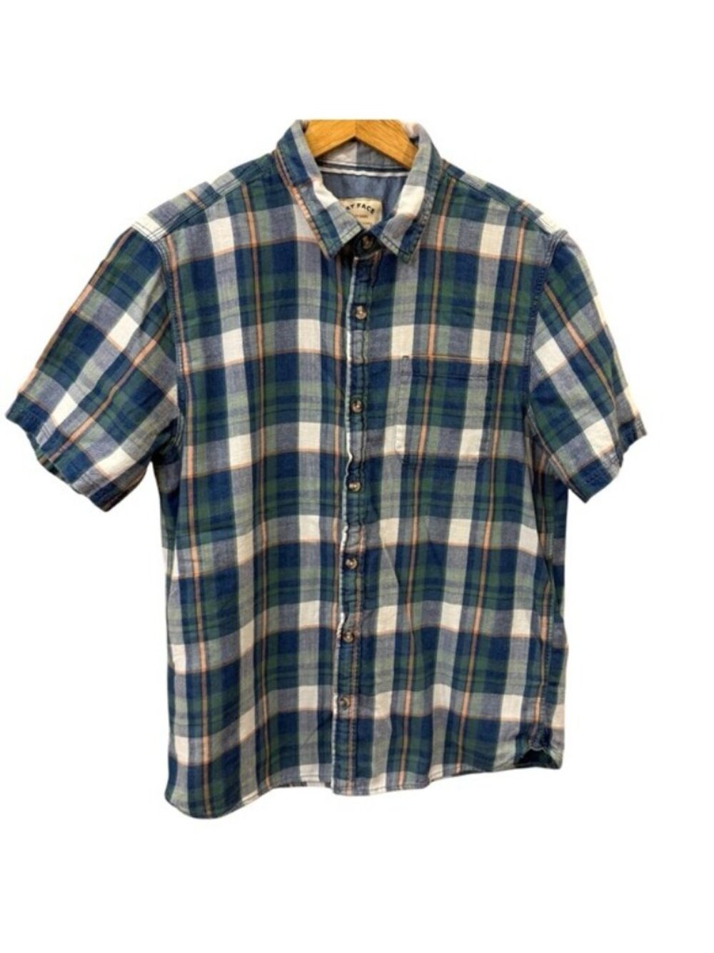 FatFace Mens Plaid Short Sleeve Button Down Shirt Large Blue Green Cotton Casual